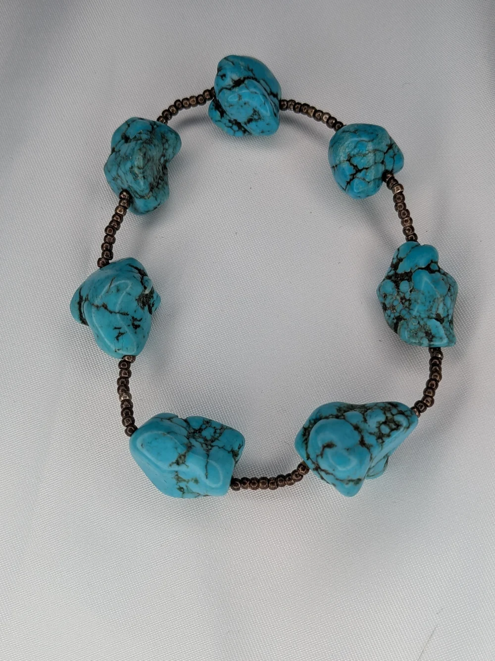 Dyed Howlite Turquoise Stone Nugget Stretch Bracelet Bronze Seed Bead Boho 7 In